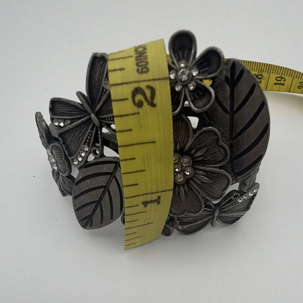 Black Tone Floral Butterfly Leaf Hinged Cuff Bracelet Clear Rhinestones